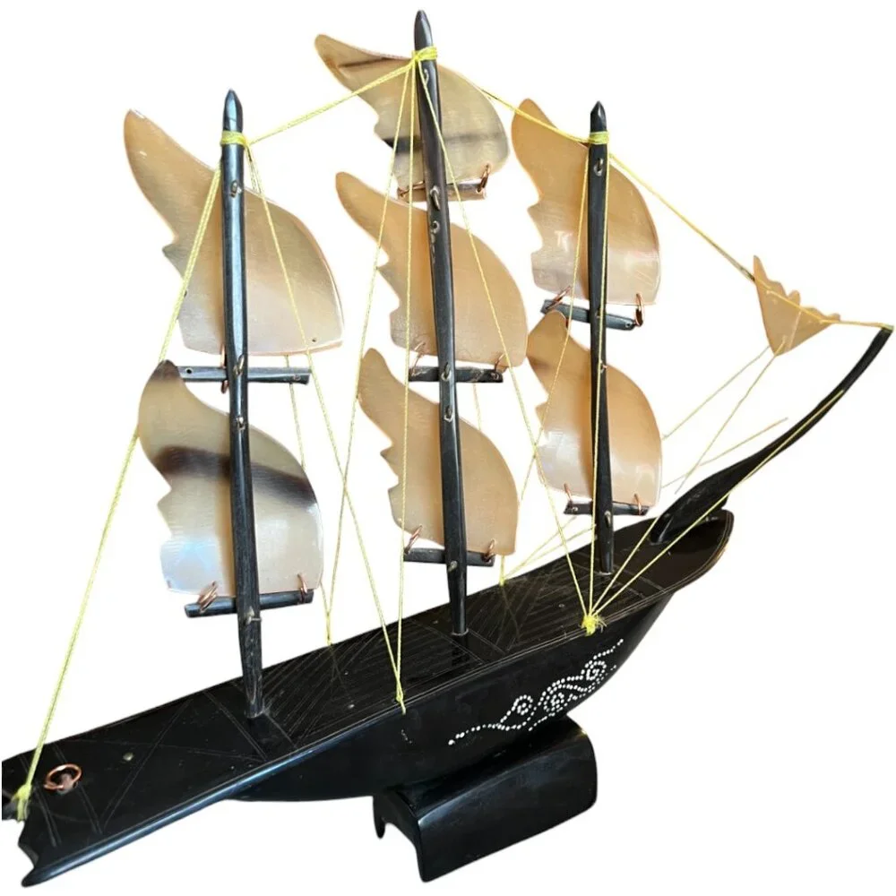 Rare! Large Vtg Bone and Horn Sailboat Hand-Engraved Inlay 17.5" long x 12" tall - Picture 7 of 15